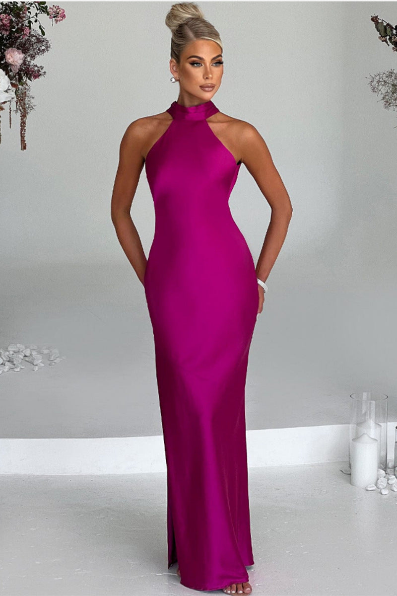 Paula | Elegante vestido largo de satén con escote halter